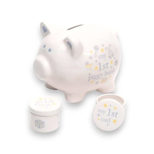 Picture of BABY BOY 1ST PIGGY BANK, TOOTH & CURL SET